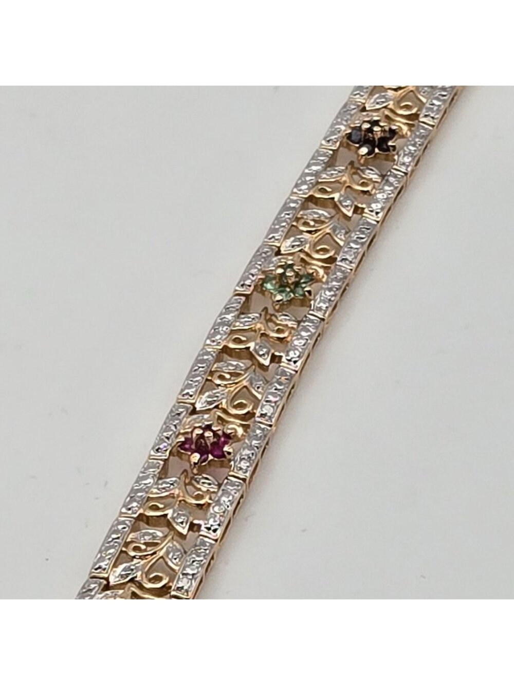 Vintage Gold-Plate 925 Sterling Silver Bracelet Multi-Color Gemstones Filigree F